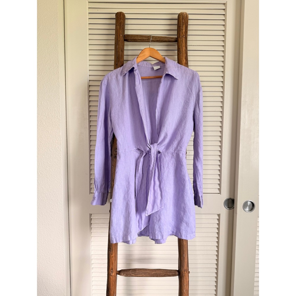 8 by YOOX Linen Mini Dress Size 8 Purple Tie Front Long Sleeve Shirt Dress